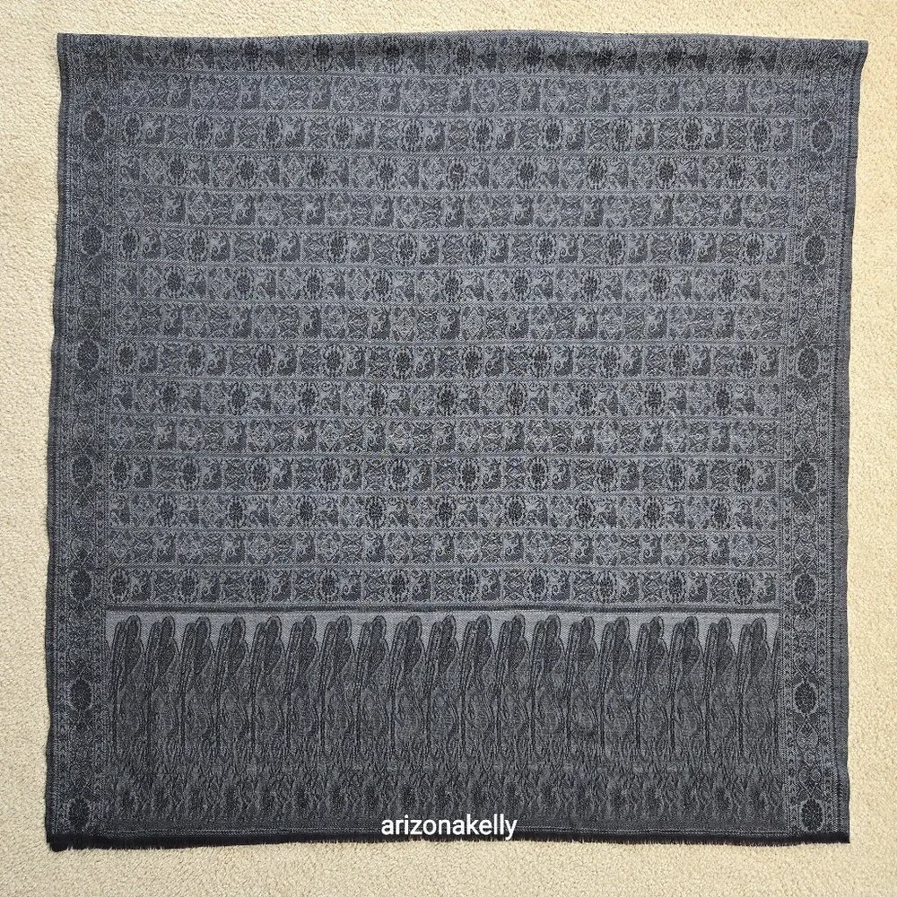 Talbots Wool Scarf Wrap Jacquard Lightweight Black & Grey - Picture 2 of 12